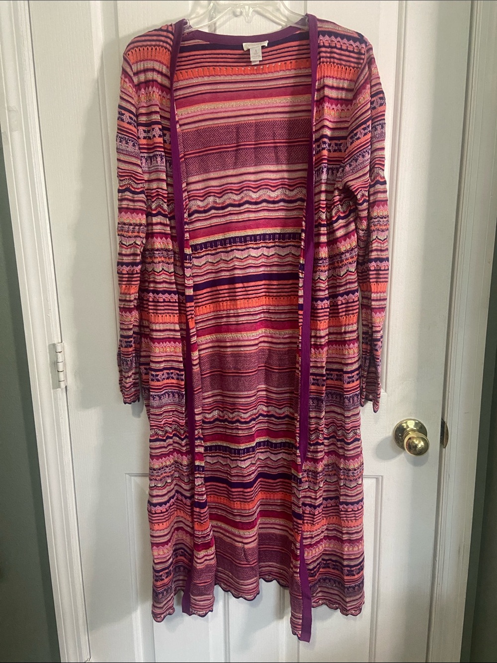 Chico's Striped Open-Front Long Sleeve Dress in Pink and Purple